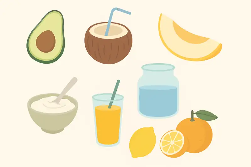 Ilustração de alimentos que ajudam a prevenir cálculos renais, como abacate, melão, água de coco, suco cítrico, iogurte e frutas cítricas.