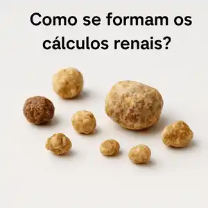 Imagem de pequenos cálculos renais agrupados, ilustrando a formação de pedras nos rins