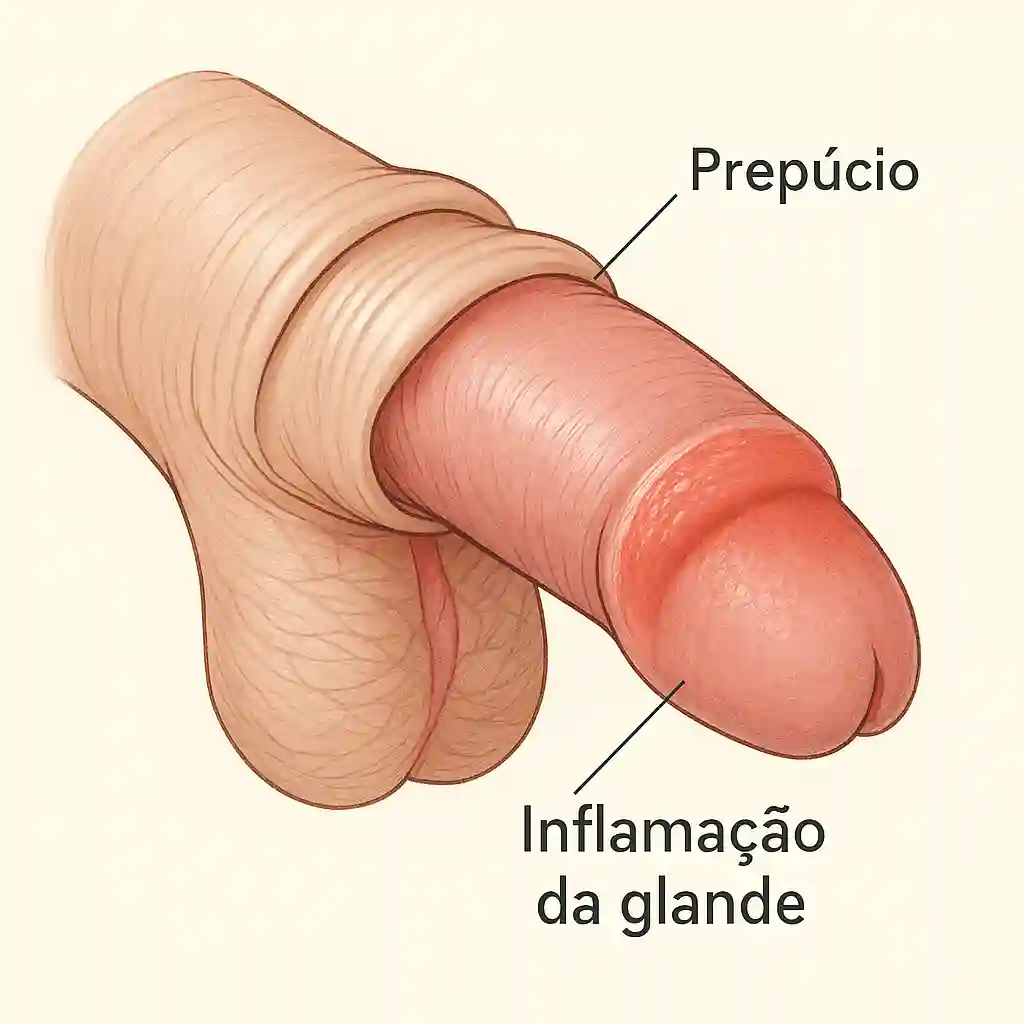 Ilustração clínica de candidíase peniana com inflamação no prepúcio e glande