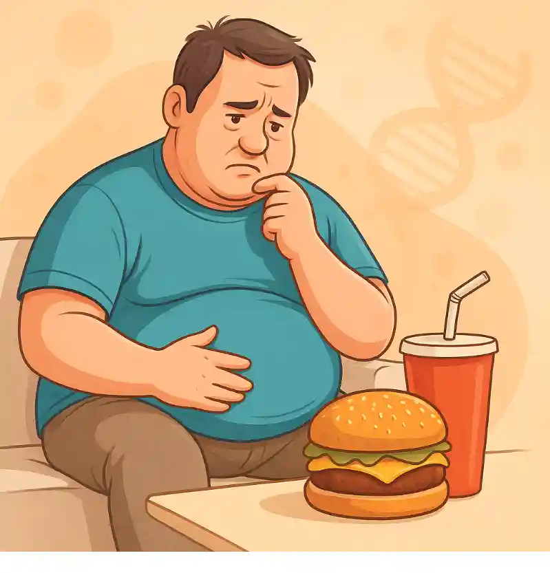 Homem com sobrepeso olhando para hambúrguer e refrigerante, representando fatores de risco hormonais e de estilo de vida para HPB