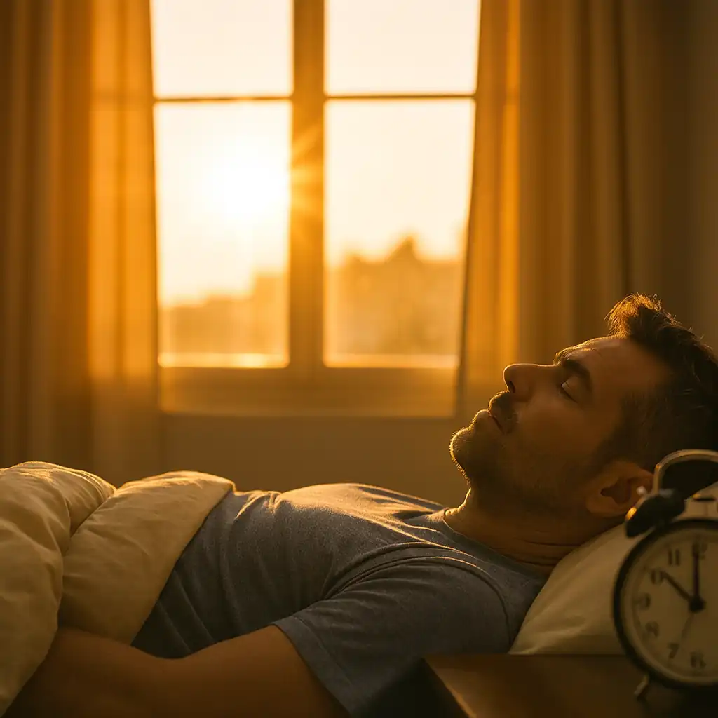 Homem dormindo em quarto iluminado pelo sol da manhã, com relógio marcando início do dia.