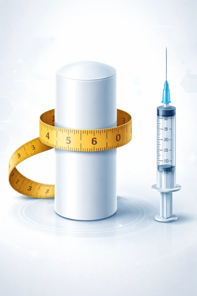 Ilustração médica conceitual representando engrossamento peniano, com cilindro abstrato, fita métrica de diâmetro e seringa médica
