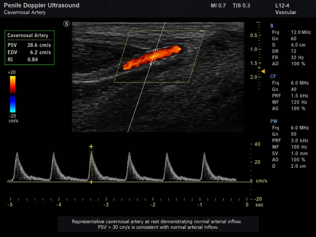 Ultrassom Doppler peniano com avaliação da artéria cavernosa e fluxo sanguíneo durante o exame.